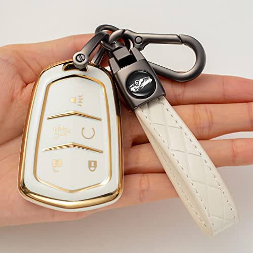 Sinlakua Key Fod Cover Compatible With Cadillac Ats Srx Ct6 Cts Xt5 Xts Escalade Esv Smart 5 Button Soft Tpu Smart Keyless Entry Key Fob Case Accessory With Leather Keychain,White #TOP29