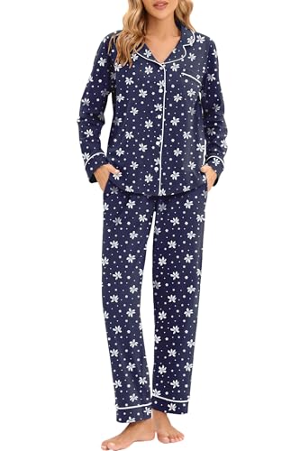 Image of LUBOT 100% Cotton Pajamas for Women Pajama Set 2 Piece PJ Sleepwear Set Soft Ladies Button Knit Long Sleeve Loungewear XS-XXL