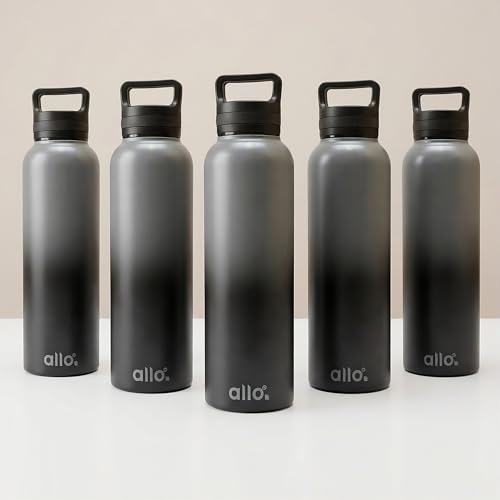 Image of Allo Stainless Steel Water Bottle For Adults, Kids 950ml Water Bottles For School, Office, Sports, Gym 950ml Water Bottle For Men And Women, Pack Of 5| Leak Proof, Bpa Free, Dark Grey And Black