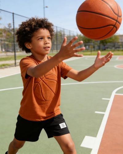 Image of Boys 2 Piece Outfits Short Sleeve Basketball Pattern T-Shirt and Shorts Summer Clothes for Kids 5-12 Years