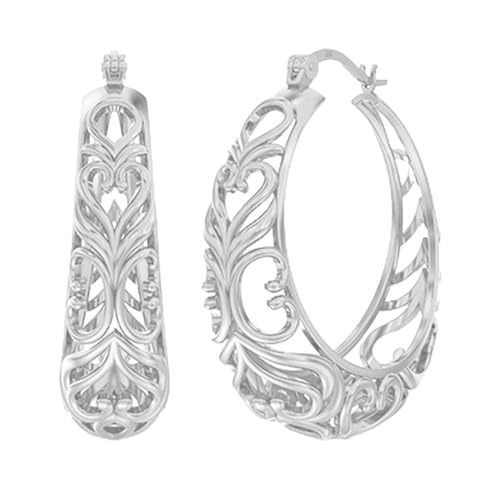 Image of TRUESILVER ACPL 925 Sterling Silver BIS Hallmarked Filigree Hoop Earrings for Women & Girls | Lightweight Designer Oval /Round Hoops | Everyday Wear | Gift for Her