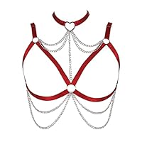 BBOHSS Damen Body Harness BH Plus Size Hollow Punk Metallkette BH Gothic Karneval Weihnachten Halloween Party Tanzkostüm, weinrot, 90