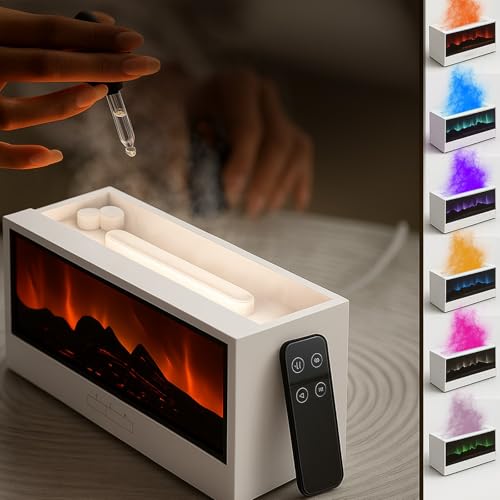 Image of Fireplace Diffuser, Colorful Flame Aroma Humidifier with LED Bonfire Effect & Remote Control, Ultrasonic Cool Mist Maker for Home, Bedroom, Office, Spa, Yoga (White)
