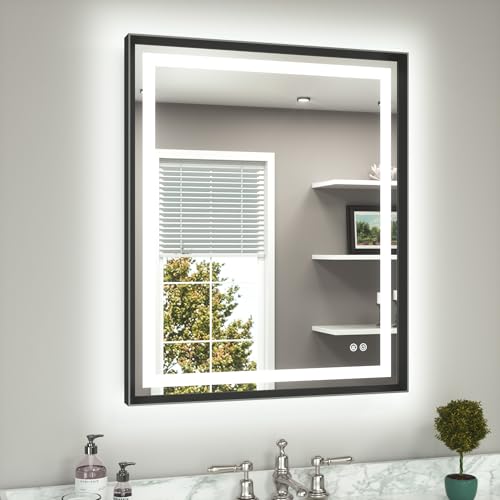 TETOTE Led Bathroom Mirror 30 x 36 with Brushed Black Frame Anti-Fog Frontlit & Backlit Vanity Mirror Stepless Dimmable Lighted Mirrors for Bathroom Wall 3 Colors White/Warm/Natural Wall-Mounted