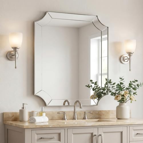 MOON MIRROR 30x36 Inch Brushed Nickel Bathroom Mirror Scalloped Mirror for Bathroom Modern Silver Mirror with Elegant Curved Scallop Design Anti-Rust Stainless Steel Frame Ideal for Home Remodel