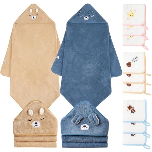Image of Hooded Towel for Baby, 2 Pack Coral Fleece and 9 Baby Washcloths, Soft and Absorbent Baby Towels Large 35.5x35.5 Inch Shower Towel Gift for Newborns, Infants and Toddlers (Navy Blue Dog+Brown Bear)