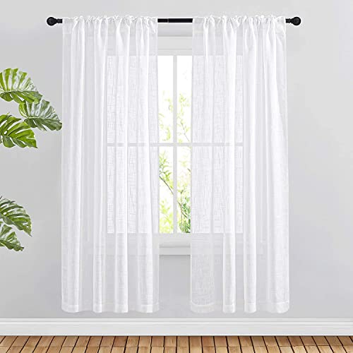 Nicetown White Faux Linen Semi Sheer Curtains 63 Inch Length For Bedroom, Rod Pocket & Back Tab Window Treatments Privacy With Light Filter Farmhouse Sheer Drapes For Living Room, 52" Width, 1 Pair #TOP2