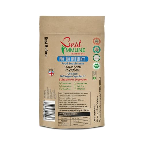Best Immune International Natürliches Magnesiumglycinat 500 mg 100 Vegane Kapseln in Öko-Verpackung