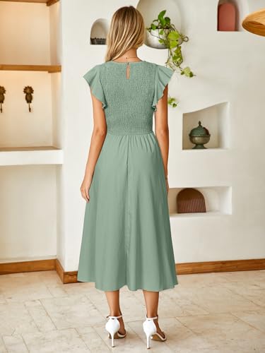 Image of Simplee Womens Striped Midi Summer Dress Linen Smocked Flutter Short Sleeve Dress Flowy Casual Dress with Pockets