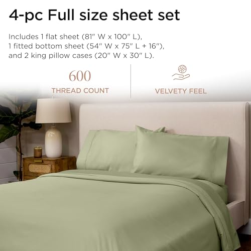 Image of Threadmill 100% Cotton Sheets for Full Size Bed - 600 Thread Count Full Bed Sheets Set with 16 inch Deep Pocket - Sateen Weave 4-Piece Bedding Set with Cooling Effect, Sage Green
