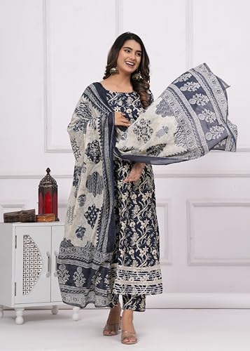 MEERA FAB Women's Cotton Printed Anarkali Kurta with Palazzo & Dupatta Set with Dori