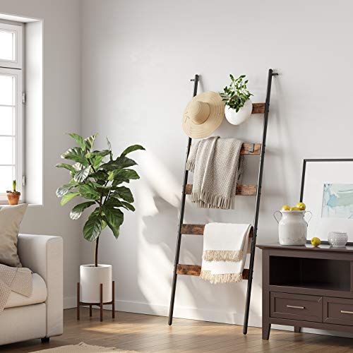 VASAGLE 5-Tier Blanket Ladder Shelf, Wall-Leaning Rack with 4 Hooks, Steel Frame, 23.6 Inch Wide, for Blankets, Scarves, Industrial Style, Rustic Brown and Black ULLS011B01