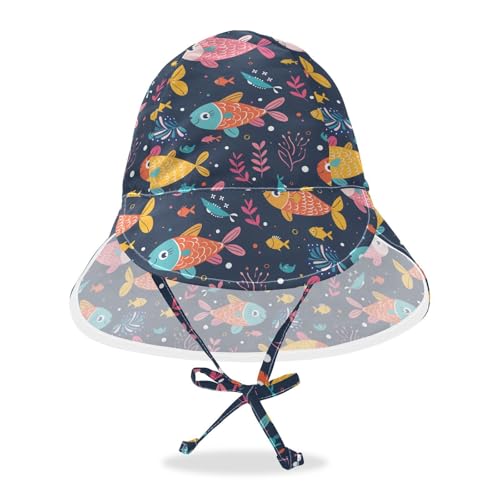 KLL Toddler Beach Hat Baby Boys Bucket Hat Girls UPF 50+ Large Brim Traveling Swim Hat Cartoon Cute Fish