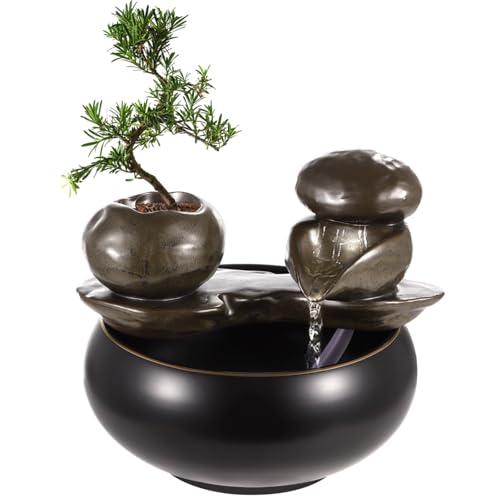Ceramic Tabletop Fountain, Small Desktop Water Fountain, Indoor Waterfall with Pump & Artificial Green Plant, Desk Relaxation Fountain Decorative Ornament for Study Living Room Tearoom Office