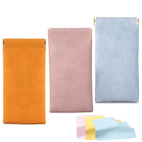 UESDU - UESDU Lot de 3 étuis à lunettes en cuir souple avec couvercle à presser et chiffon de nettoyage pour femmes, hommes et femmes, Bleu/jaune/rose, taille unique