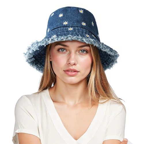 AYPOW Bob Seau Chapeau Coton Denim Chapeau de Pêcheur Femme, Pliable été Anti-UV Marguerite Chapeaux de Soleil de Plage, Adolescentes Filles Mode Rétro...