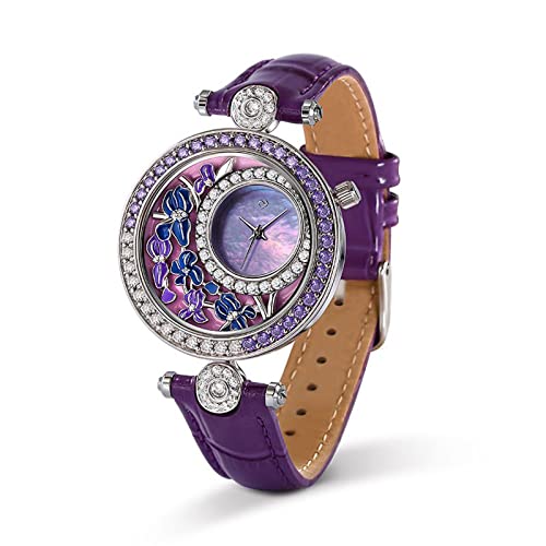 Jeulia Quartz Blue Leather Watch: Women's Diamond Metal Dial Strap Wristwatch Unisex Glass Sports Business Stainless Steel Band Buckle Type For Christmas Halloween Anniversary With Gift Box (Blooming Irises) #TOP19