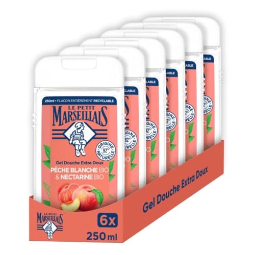 Le Petit Marseillais – Gel Douche Extra Doux Pêche Blanche Bio & Nectarine Bio (lot de 6 flacons de 250 ml) – 92 % d'ingrédients d'origine naturelle –...