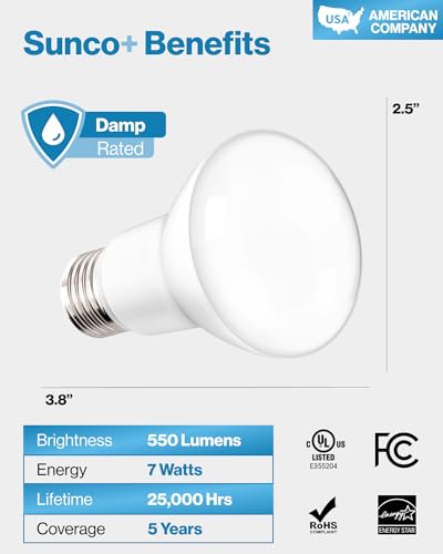 Sunco 10 Pack BR20 LED Bulb Dimmable, Small Recessed Lighting Bulbs, R20 Mini Flood Light Indoor, 550 LM, 7W (50W Equivalent), 3000K Warm White, E26 Base, Can Light for Home, Kitchen, Bedroom UL.