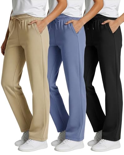 Image of Real Essentials 3 Pack: Women's Relaxed Fit Fleece Open Bottom Sweatpants - Casual Athleisure (Available in Plus)