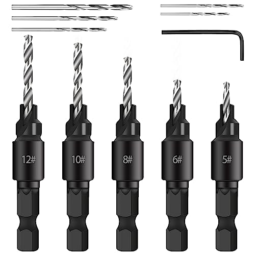 Juego de brocas avellanadoras para carpintería, 5 piezas, brocas en espiral de 1/4 pulgadas con avellanado, 5 piezas, brocas en espiral HSS con una llave inglesa, juego de avellanador de madera para
