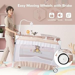 HONEY JOY 4 in 1 Pack and Play with Canopy Portable Baby Playard wChanging Table and Infant Bassinet Cute Toys Music Foldable Bassinet for Newborn and ToddlerLight Pink