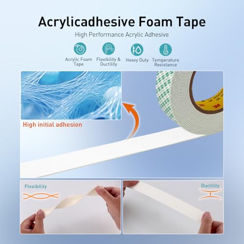 Image of Double Sided Tape Off White Foam Tape 1 inch x 18Ft Made of 3M 4032 High Shear Adhesive Mounting Tape High Temperature Resistance for Interior Exterior Applications and Home Office Deco (Pack of 2)