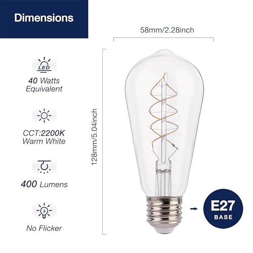 FLSNT LED Edison Light Bulb, ST58 E27 Vintage Light Bulbs, Dimmable 4W Spiral Thin Filament, Decorative Antique Screw Lamp - Image 2