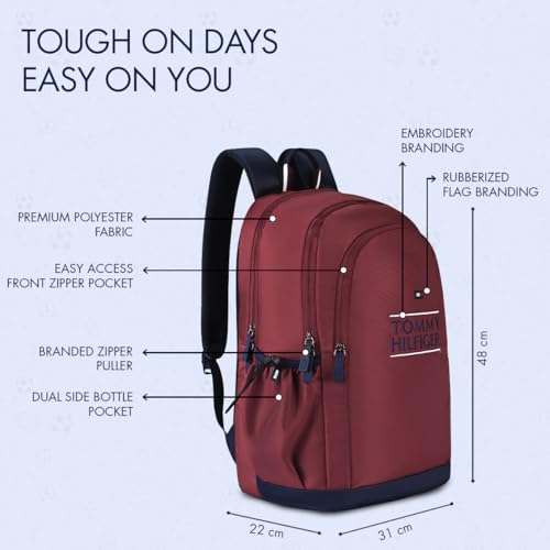 Image of Tommy Hilfiger Student School Bag & University Backpack Coral - Burgundy+Navy | Durable Water-Resistant Polyester with Premium Embroidery | Multi-Utility Organiser & Rain Cover | 33L Capacity