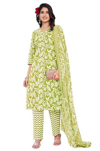 Image of MIRCHI FASHION Women's Straight Fit Pure Cotton Sequins Thread Work Leaf Printed Kurta Set with Dupatta and Trouser