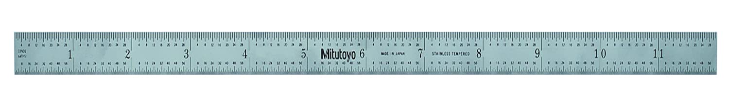 Mitutoyo 182-121, Steel Rule, 12" (4R), (1/8, 1/16, 1/32, 1/64"), 3/64" Thick X 1" Wide, Satin Chrome Finish Tempered Stainless Steel