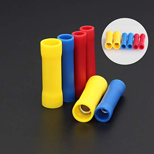 Juibao 100 PCS Straight Wire Butt Connector, Fully Insulated Butt Splice Connectors, Electrical Butt Crimp Connectors Automotive Cable Crimp Terminals, Blue Red Yellow