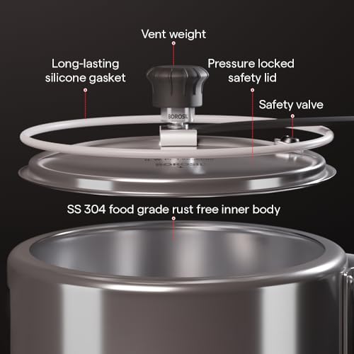 Image of Borosil Triply Pressure Cooker | SS304 Food Grade Stainless Steel | Even Heat Distribution | Gas Stove & Induction Compatible | Dishwasher Safe | 5 Years Warranty (1.5 L, Outer Lid)