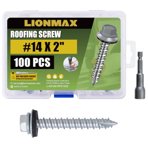 LIONMAX Metal Roofing Screws #14 x 2 Inch, 100-PCS, with Rubber Washer