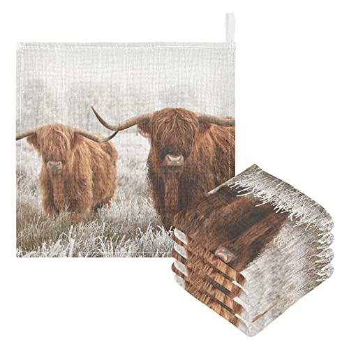 Image of CUPADA Highland Cattle Baby Muslin Washcloths Soft Absorbent Face Towel Cow Winter Landscape Burp Cloths Cotton Bath Wipes 3 Pack Infant Wash Cloth for Newborn Boys Girls 12x12 inches