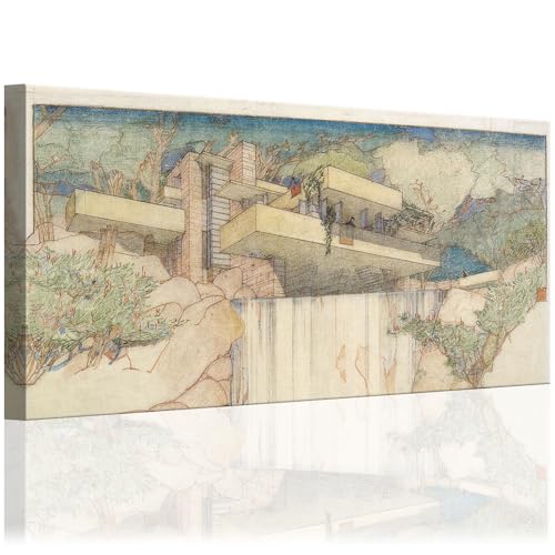 Frank Lloyd Wright Falling Water: 18x36 Stretched Canvas - Iconic Architectural Masterpiece Wall Art - Elegant Home Decor, Modern Design, Artistic Gift for Architecture Enthusiasts, Timeless Aesthetic