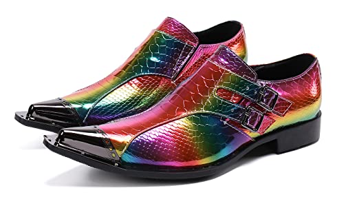 Santimon Mens Rainbow Dress Loafers Buckle Comfortable Metal Cap Toe Church Style Wedding Party Travel Shoes for Men