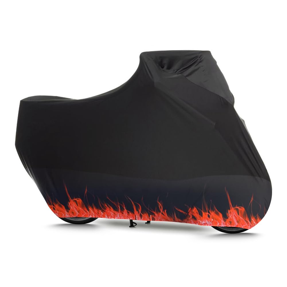 BHIEE Indoor Motorrad Abdeckplane Stretch Stoff Innen Motorradabdeckung Staubschutz-elastischer Motorradplane Motorrad Schutzhülle 295 x 109 x 140 cm, Orangefarbenes Flammenmuster