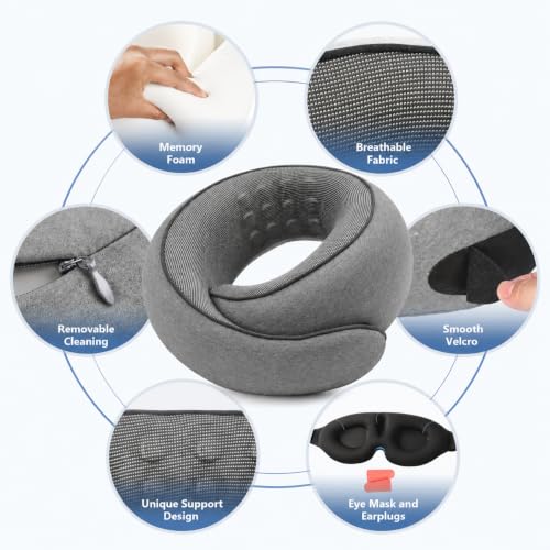 Travel Neck Pillow Memory Foam - 100% Pure Foam Ergonomic Support with Eye Mask & Ear Plugs for Airplane Flights, Car Trips & Office Naps, Gray — view 6