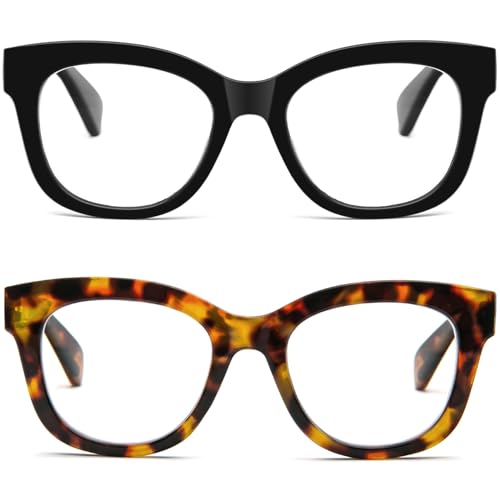 REAVEE 2 Pack Retro Oversized Reading Glasses for Women Men, Blue Light Blocking Computer Readers Stylish Spring hinge (Black/Brown Leopard 1.0x)