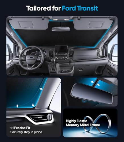 Image of Wigoo for Ford Transit Windshield Sunshade [OEM Design, 100% Sun Blockage] Foldable Heat Insulation Sun Shade with Storage Bag, for Ford Transit (2015-2026), Silver Coating