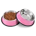 WERFORU 2 Pieces Dog Bowls, Stainless Steel Dog Cat Bowls with Non-slip Rubber Bases, Pet Bowls For Feeding Water and Food, Pink Medium Size