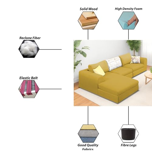 Image of Koza LHS 4 Seater L Shape Sofa Set for Living Room (Yellow Fabric) Premium Fabric Sofa