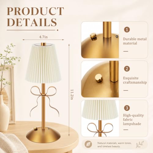 Image of Liliful 2 Pcs Cordless Table Lamp Rechargeable Touch LED Small Gold Portable Battery Operated USB-c Desk Lamp 3 Color Dimmable for Bedroom Living Room Dining (Gold,Beige Cloth Style Bow)