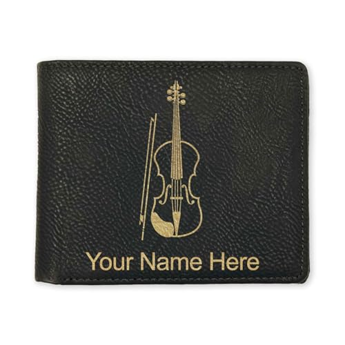 LaserGram Faux Leather Bi-Fold Wallet, Violin, Personalized Engraving Included (Black with Gold)