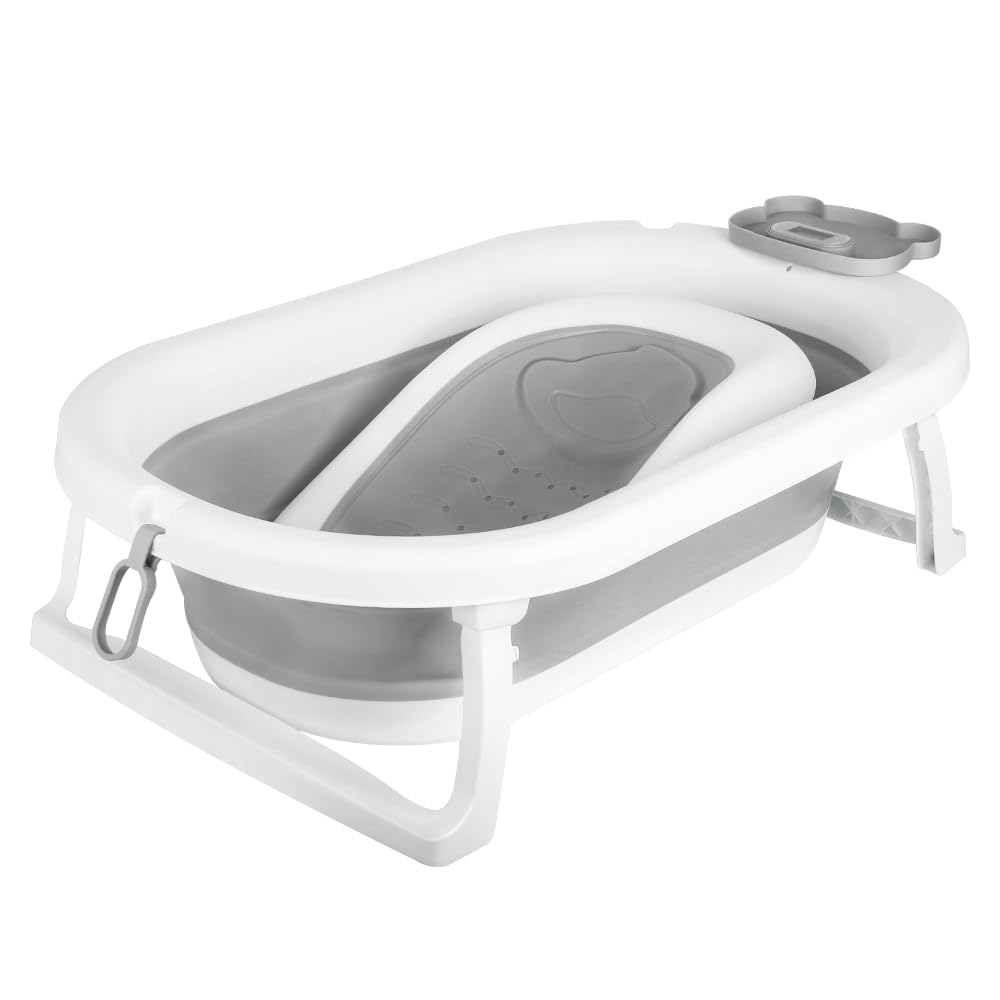 MUL-BOUTIQU - Bañera grande para bebé plegable con asiento de baño, termómetro y cojín – Bañera de bebé en pie – ideal para regalo de nacimiento niña o niño (oso gris)
