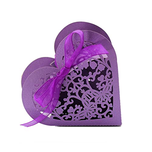 GIVBRO Lot de 50 boîtes à dragées en forme de cœur avec rubans pour décoration de table Violet