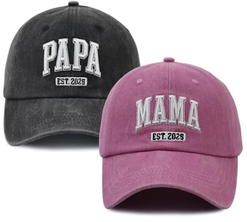 Image of 2PCS Mama and Papa Est 2025 Hat for Women Men, 3D Embroidered Adjustable Cotton Baseball Cap