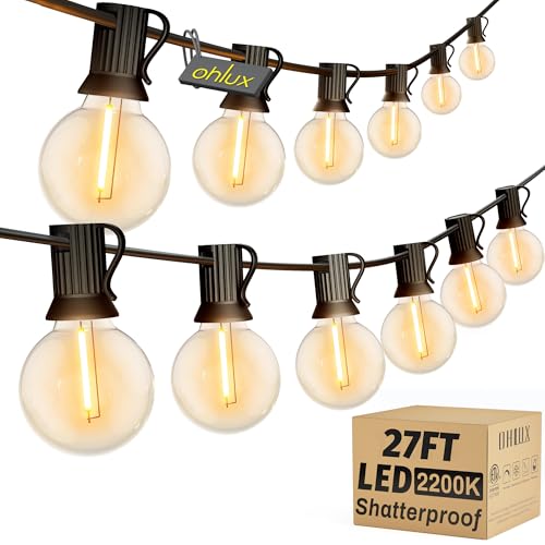 OHLUX Outdoor String Lights, 27FT G40 Globe LED Patio Lights with 13 Dimmable Plastic Bulbs(1 Spare), 2200K Waterproof Connectable Hanging Lights for Backyard Porch Cafe Party Decor, E12 Socket Base