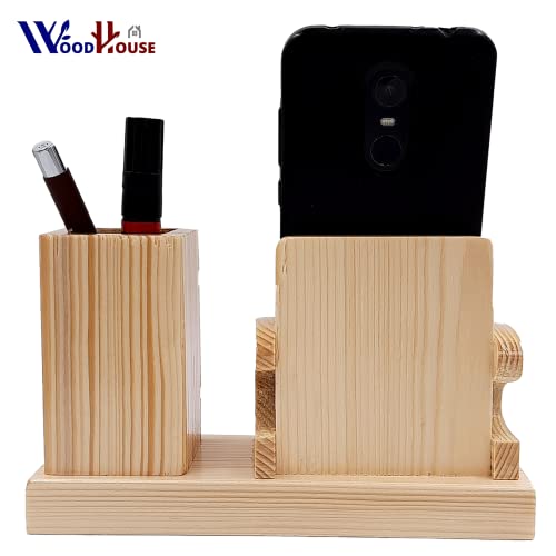 Image of WOOD HOUSE Wooden Pen Stand with Card Holder /Study Table, Pen Holder for Office Table Stylish for Office & Student Desk (Pen Stand with Pen Holder)
